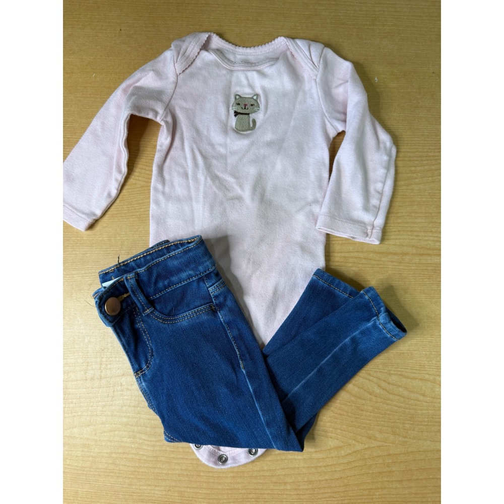 Just One You by Carters Baby Girl 12M Pink Cat Bodysuit and Blue Denim Jeans Set